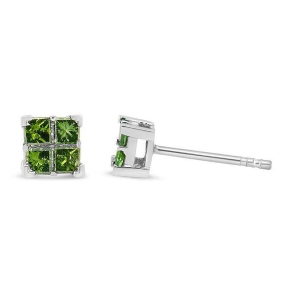 .50ct Green Diamond Earrings Set In .925 Sterling Silver, Stud Earrings - Picture 3 of 5